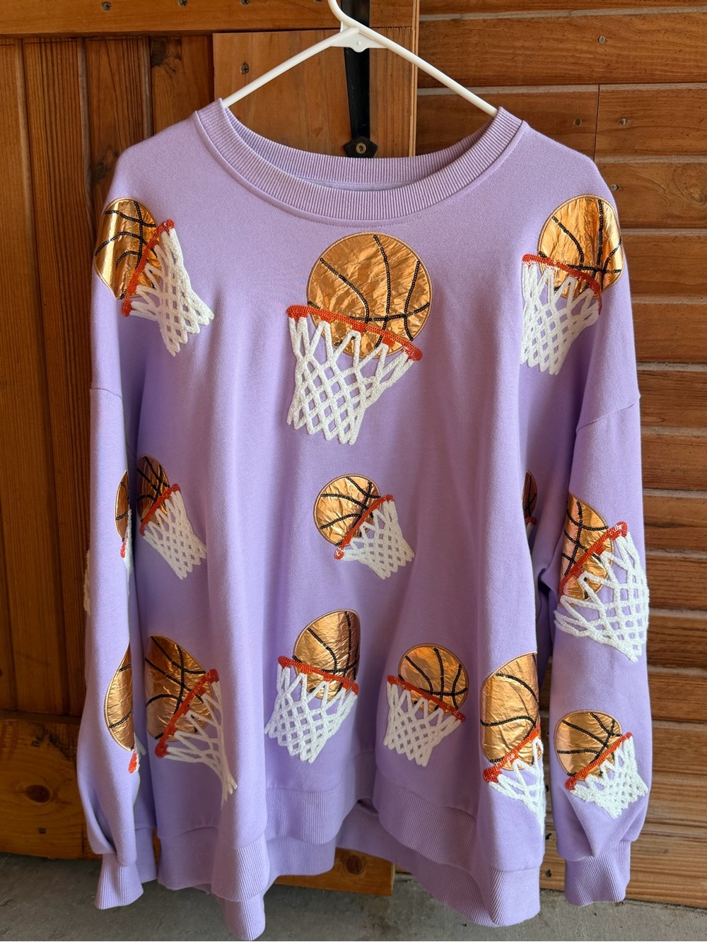QUEEN OF SPARKLES Lavender Crewneck Sweatshirt with Gold Basketballs